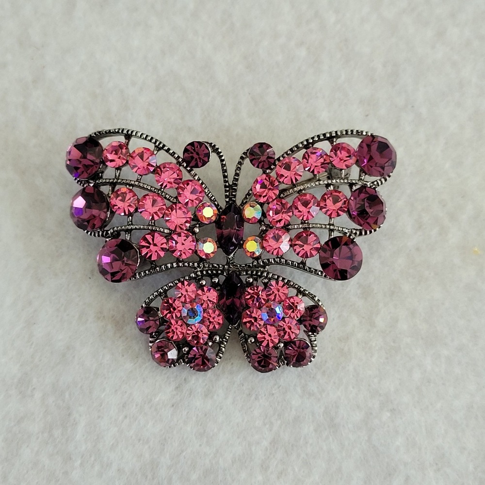 Pink Purple Rhinestone Butterfly Brooch Gunmetal Tone Statement Pin